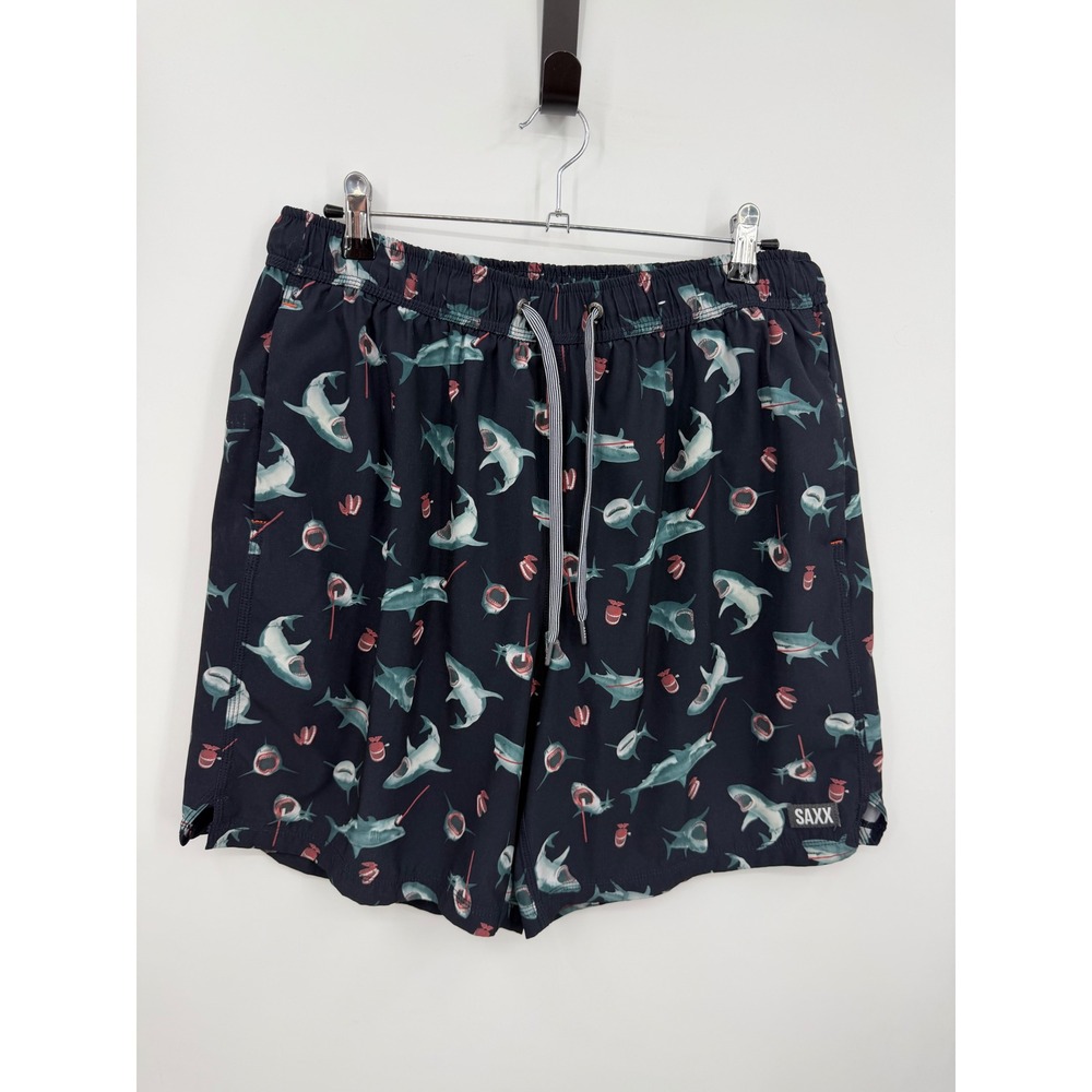 SAXX Oh Buoy 2N1 Volley Swim Shorts Mens L Navy Shark Print BallPark Pouch 7"